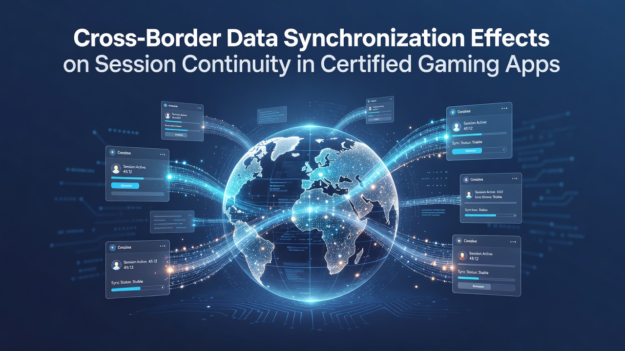 Technische Darstellung der Datensynchronisation über Ländergrenzen hinweg in Gaming-Apps